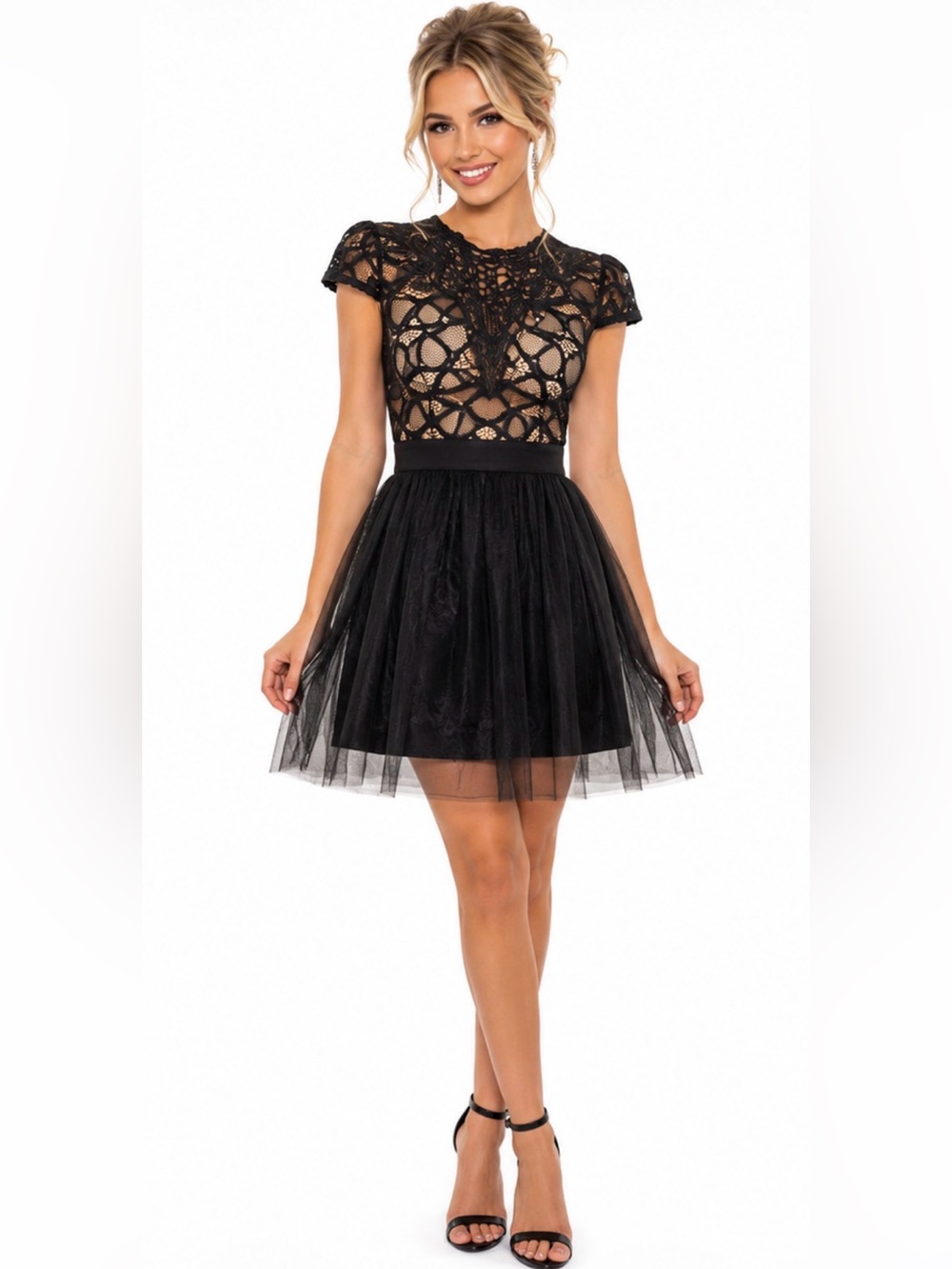 Privy Lace Illusion Tulle Fit & Flare Cocktail Mini Dress - Size S - NWT